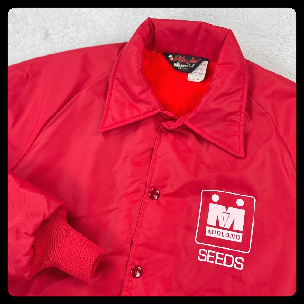 Vintage‎ Pla-Jac Dunbrooke Midland Seeds Jacket Men's LARGE Red Nylon Fur Lined